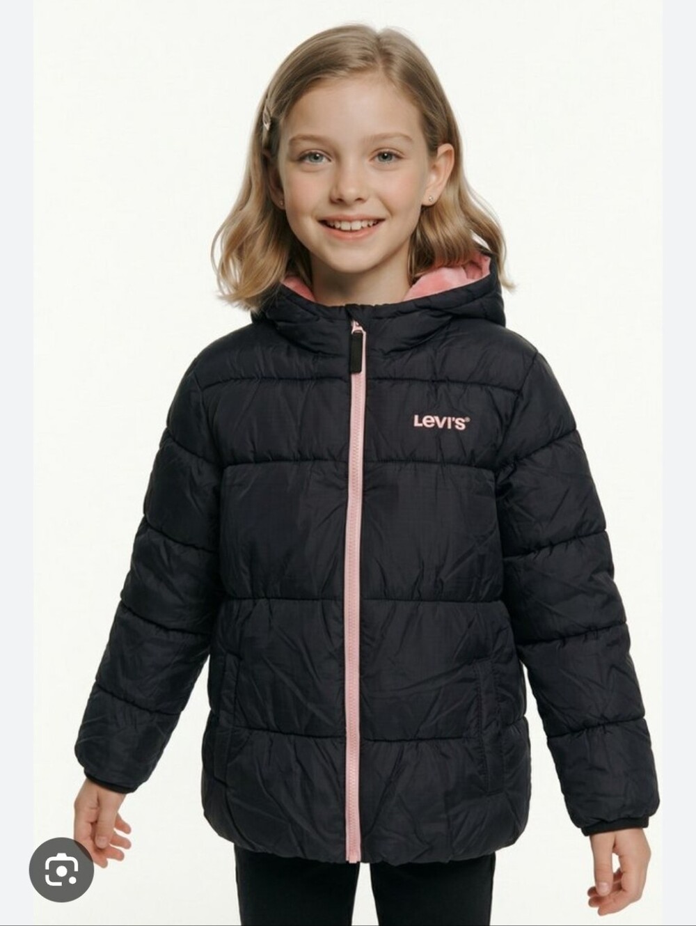 Levi's® Essential Puffer Jacket in blue with contrast pink Details Girls 10/12